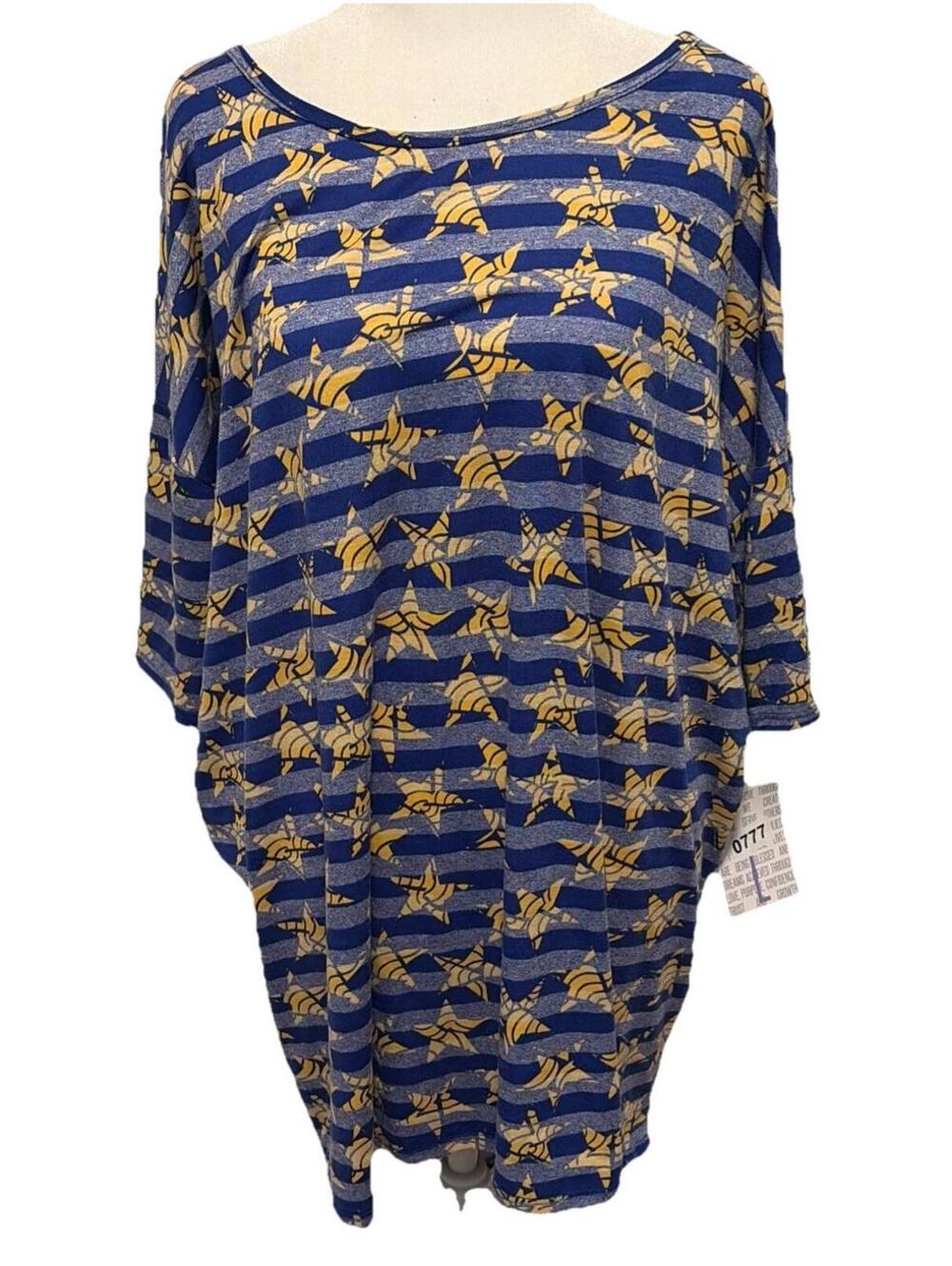 NWT LuLaRoe Irma Large Blouse Top Yellow & Blue Star Print W/ Stripes Size 16-18